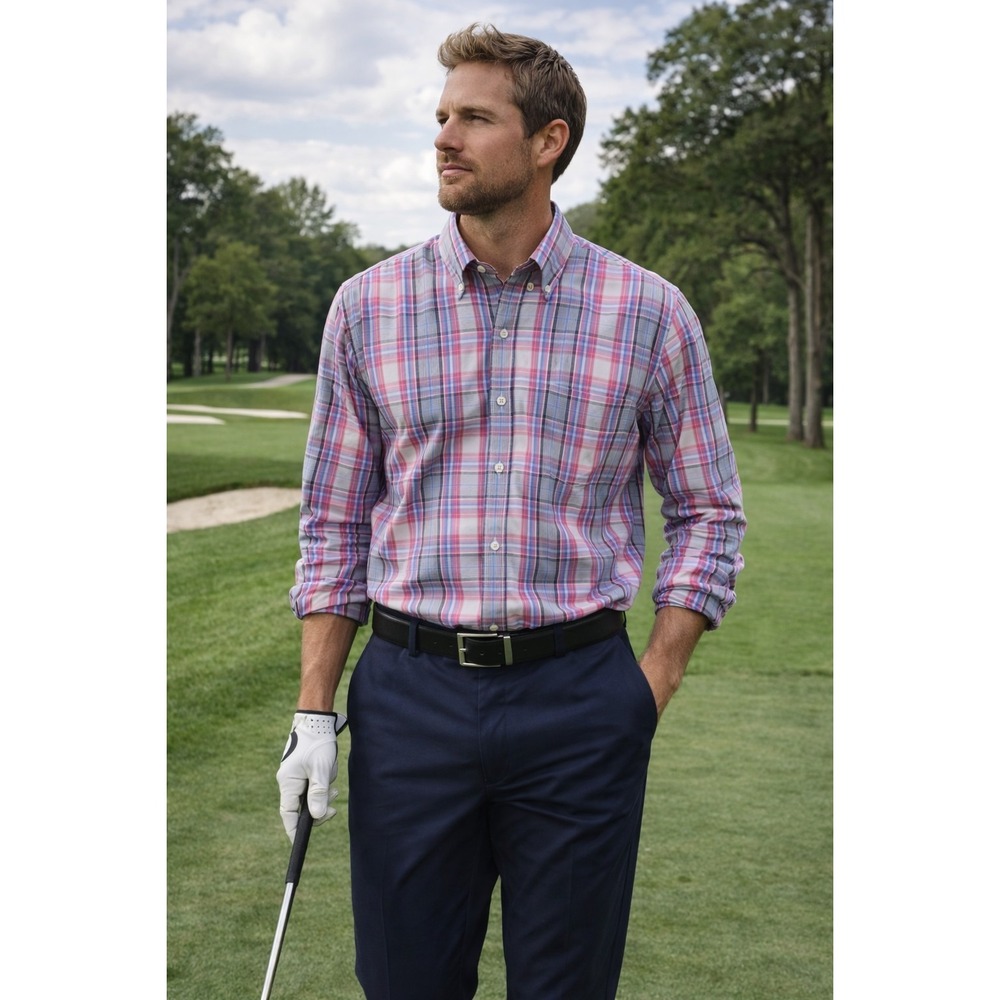 Peter Millar Plaid Button Down Men's XL Blue Pink Preppy Golf Casual Sport Shirt